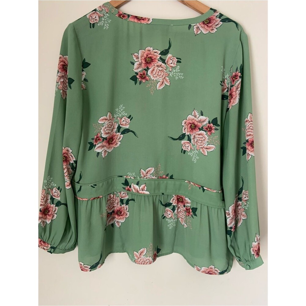 LOFT Green Floral V-Neck Peasant Long Sleeve Blouse Top Semi Sheer M Feminine - Picture 6 of 8